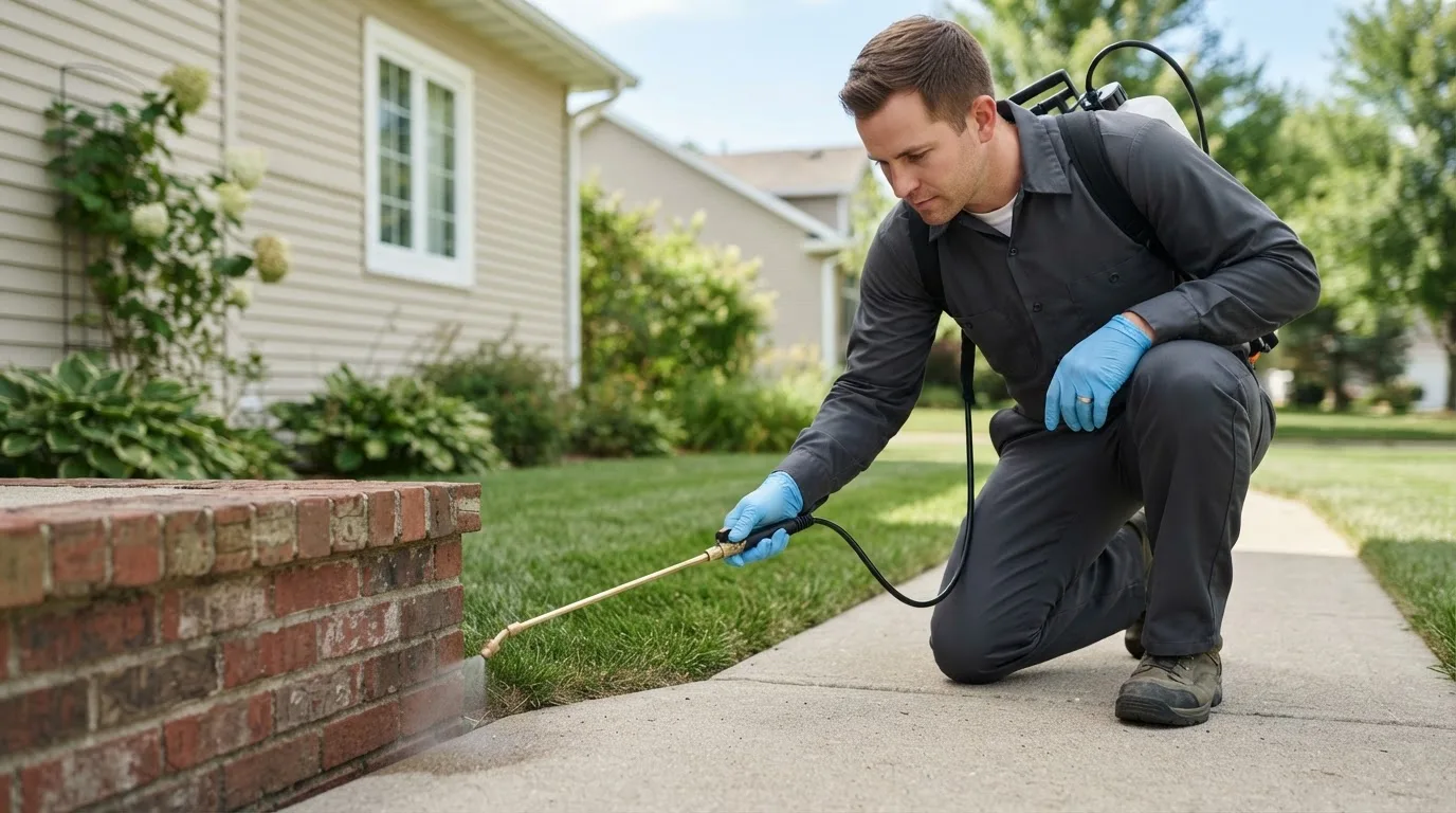 Pest control technician treating a home near Dupont, CO